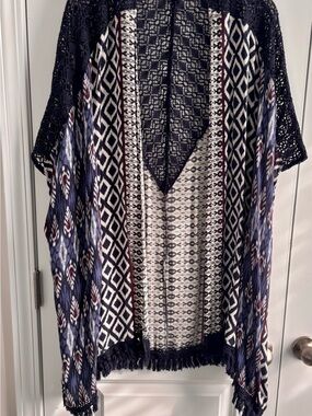 Navy blue Patterned Open-Front Crochet Kimono